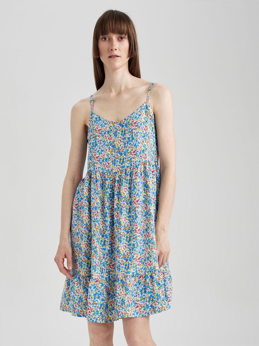 

DeFacto Floral Printed Shoulder Straps Fit & Flare Dress, Blue