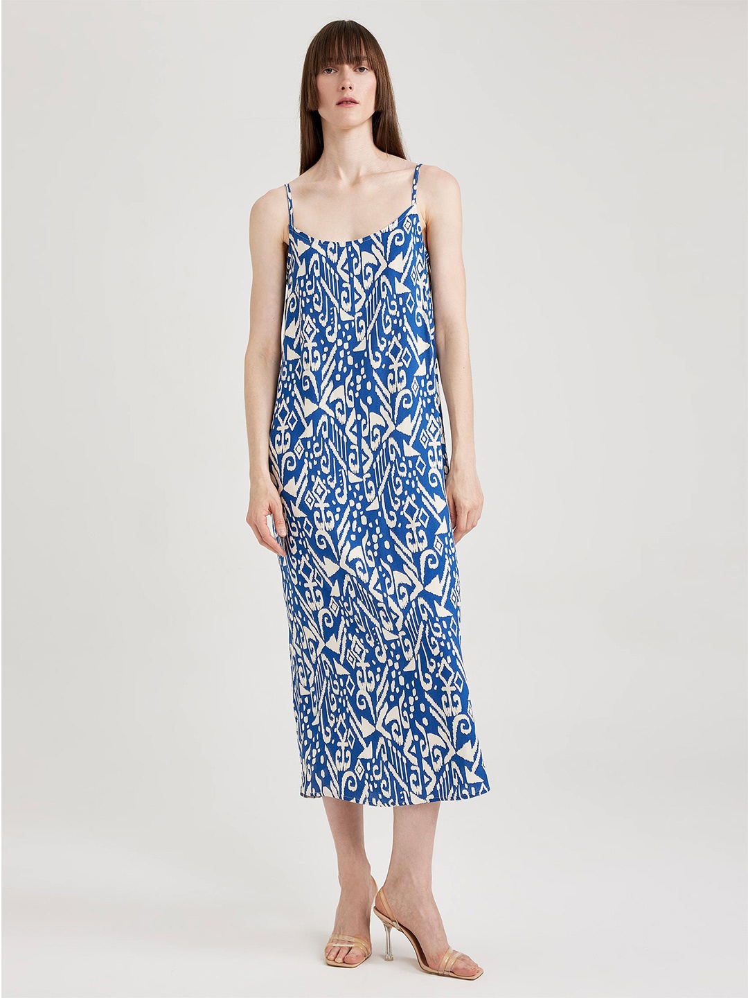 

DeFacto Printed Shoulder Strap A-Line Midi Dress, Blue