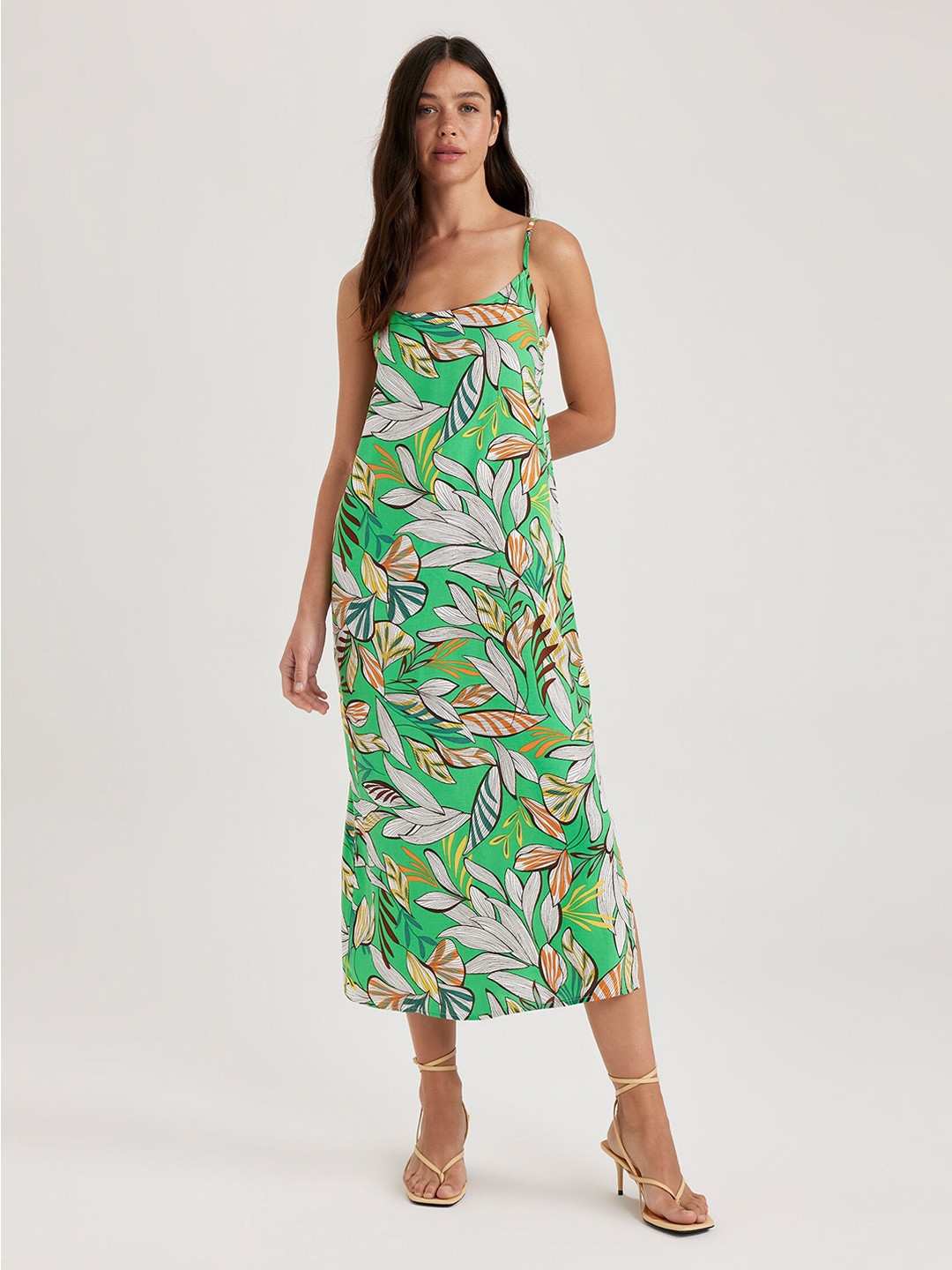 

DeFacto Tropical Printed Shoulder Straps A-Line Midi Dress, Green
