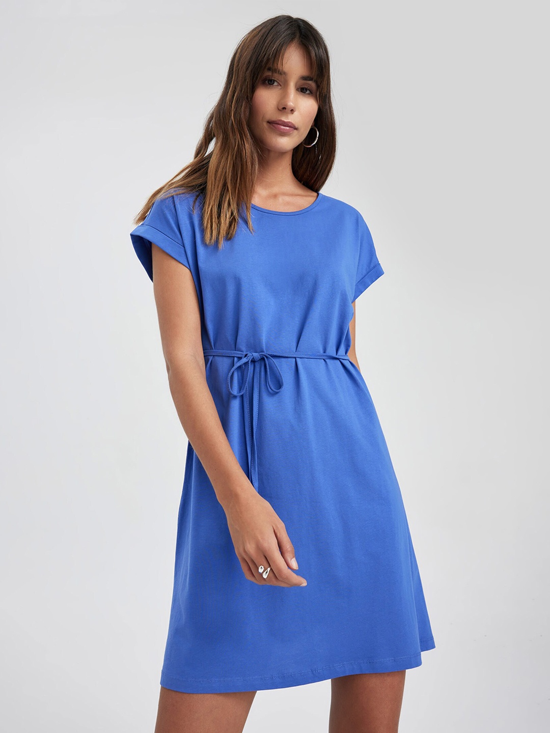 

DeFacto Extended Sleeves Belted Pure Cotton Dress, Blue