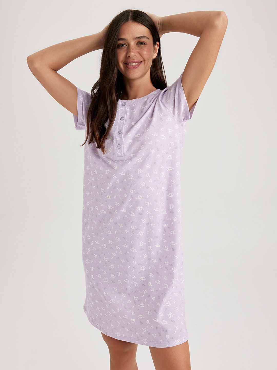 

DeFacto Floral Printed Pure Cotton T-shirt Nightdress, Lavender