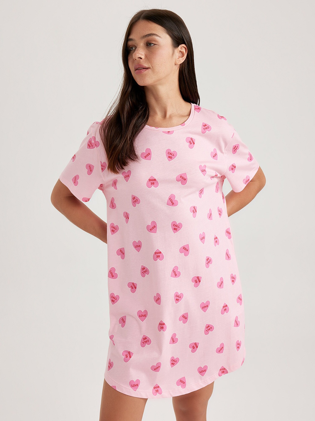 

DeFacto Conversational Printed Pure Cotton T-shirt Nightdress, Pink