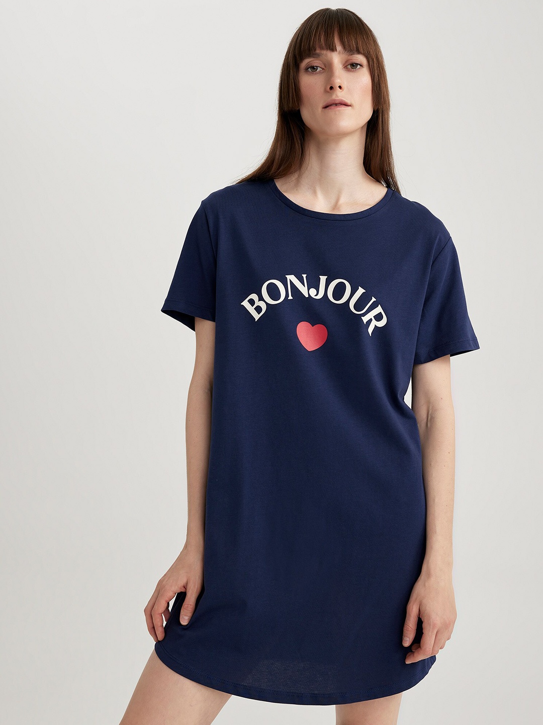 

DeFacto Typography Printed Pure Cotton T-shirt Nightdress, Navy blue