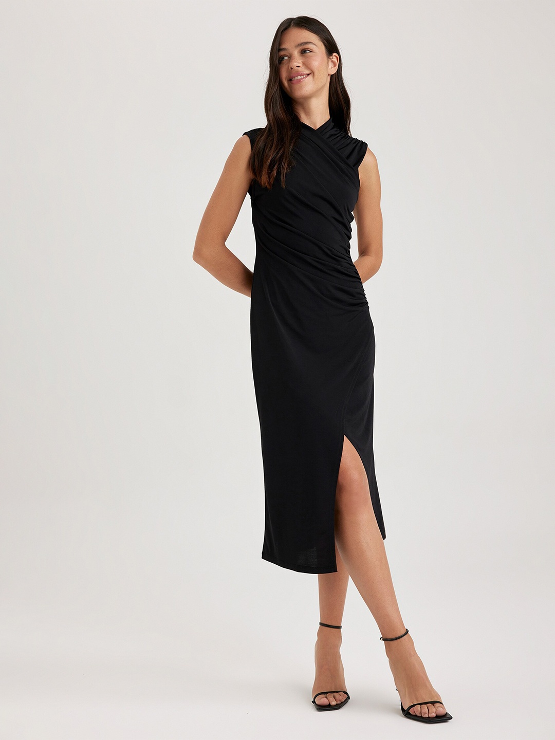 

DeFacto High Neck Gathered Front Slit Wrap Midi Dress, Black