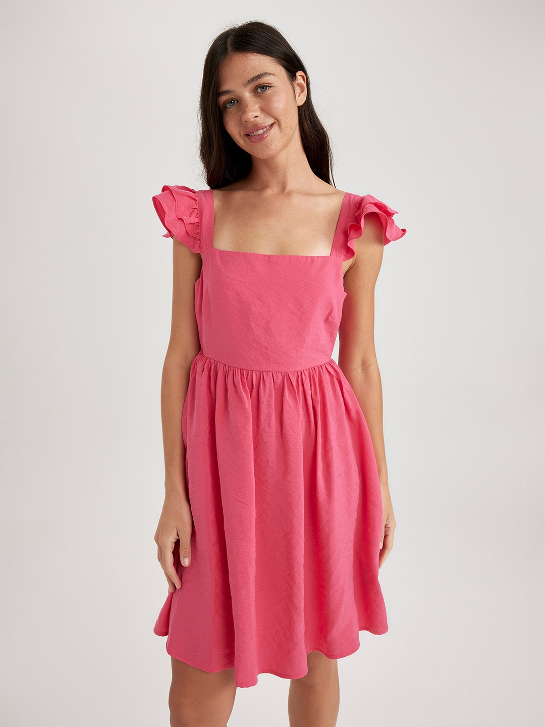 

DeFacto Flutter Sleeves Square Neck Fit & Flare Dress, Pink