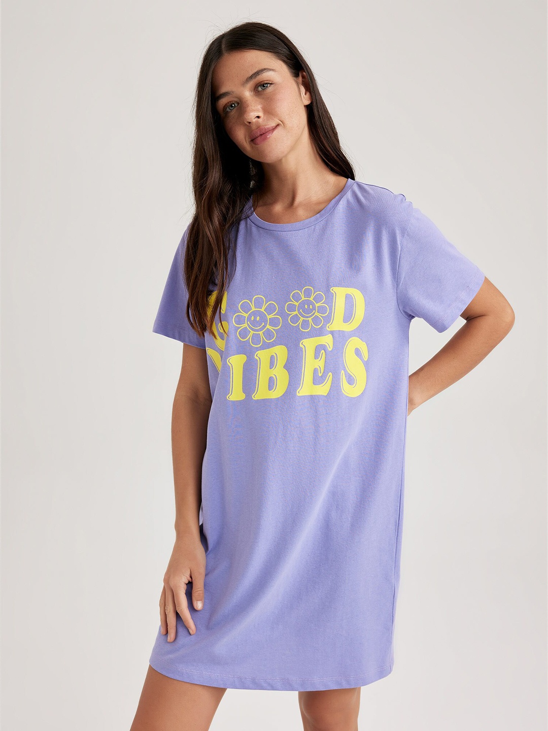 

DeFacto Typography Printed Pure Cotton T-shirt Nightdress, Lavender