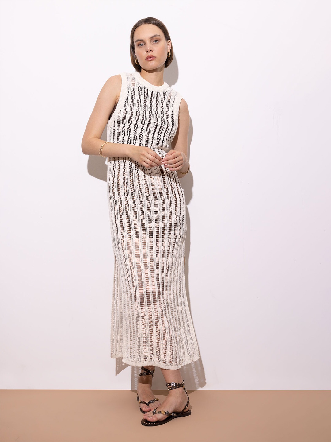 

DeFacto Self Design Sleeveless Maxi Dress, White