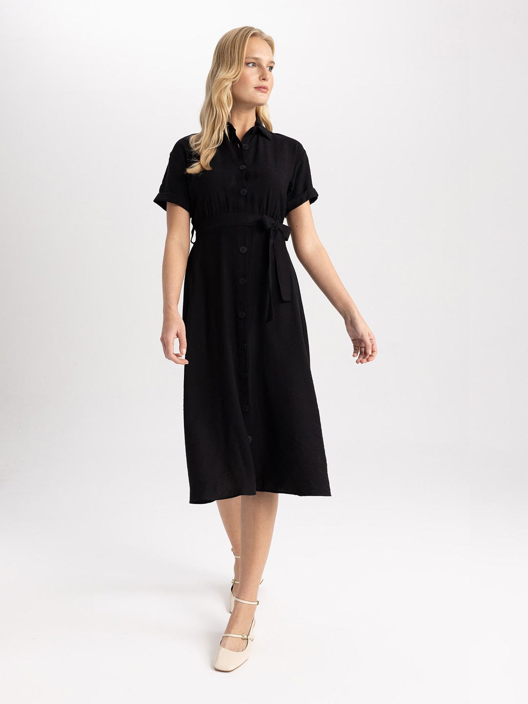 

DeFacto Belted Midi Shirt Dress, Black