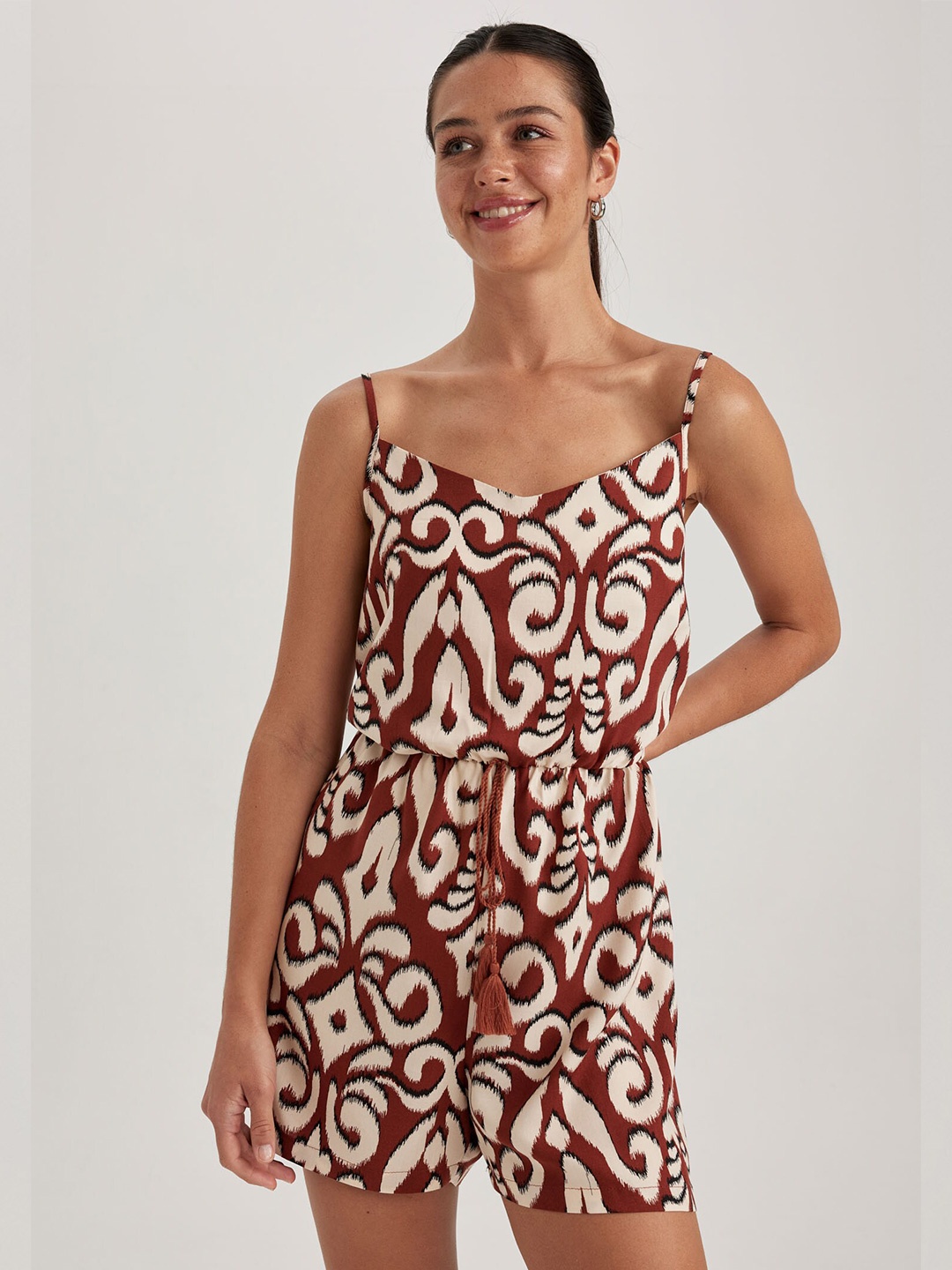 

DeFacto Abstract Printed Shoulder Straps Waist Tie-Ups Playsuit, Off white