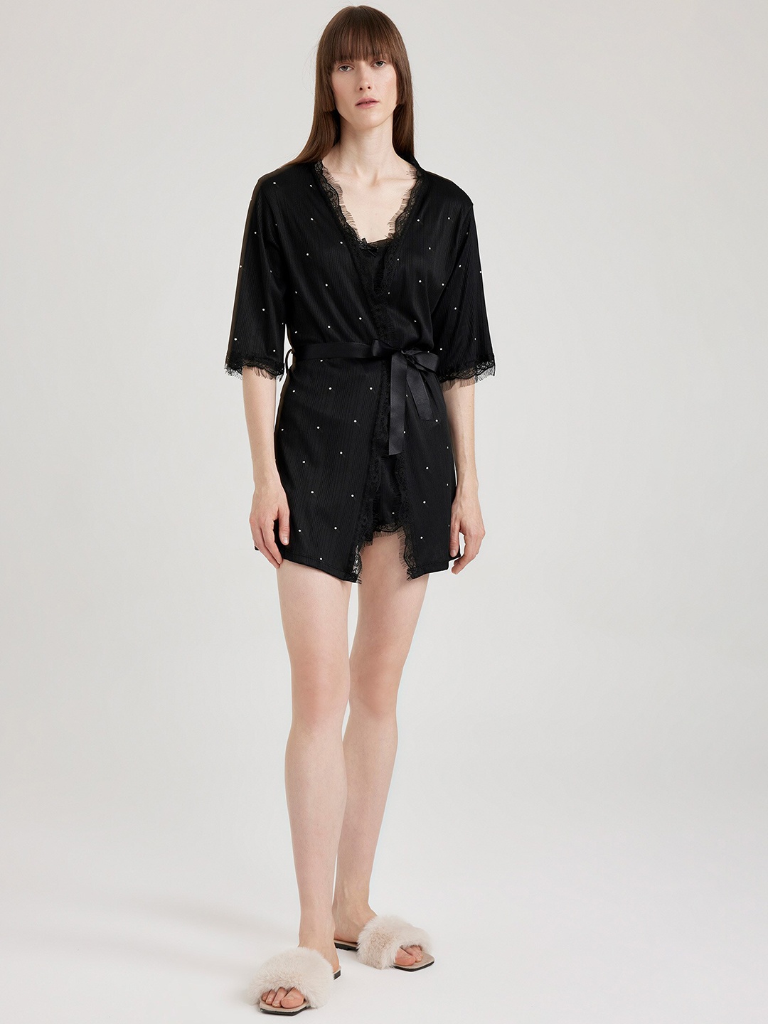 

DeFacto Self Design Laced Belted Mini Robe, Black