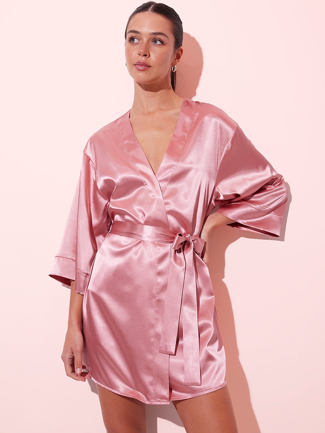 

DeFacto Three-Quarter Sleeves Belted Mini Bath Robe, Pink