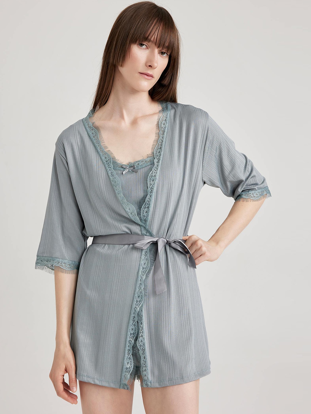 

DeFacto Lace Detail Self Design Mini Robe, Green
