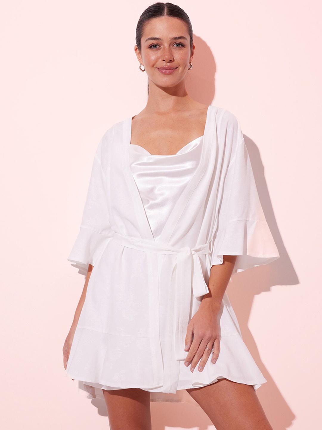 

DeFacto Flared Sleeves Cowl Neck Belted Mini Bath Robe, Off white