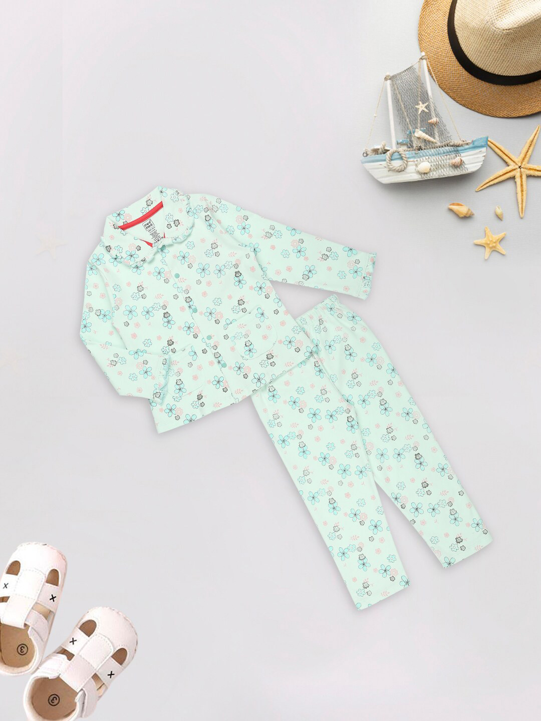 

MeeMee Girls Floral Printed Shirt Collar Long Sleeves Shirt With Pyjamas, Green