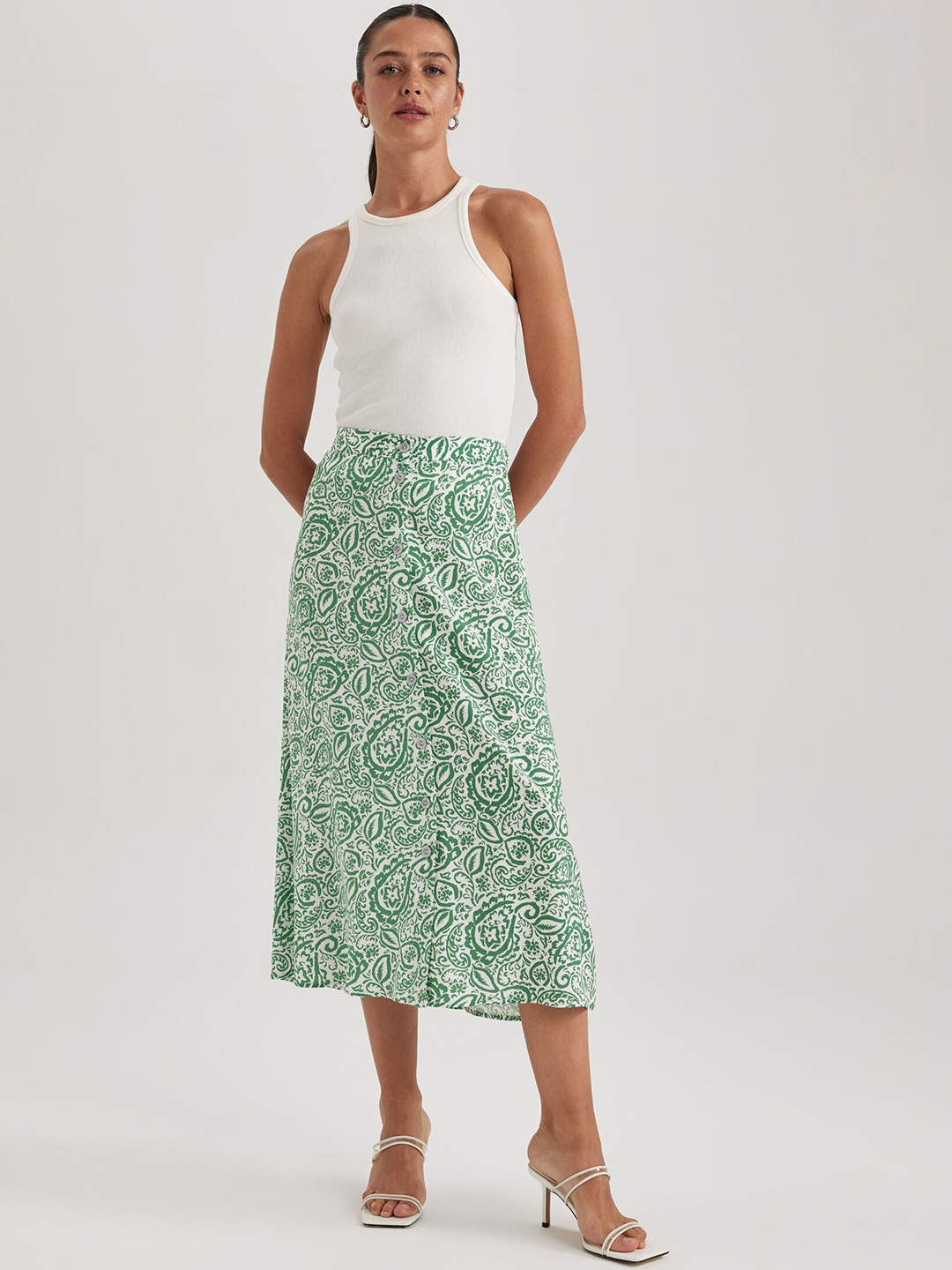 

DeFacto Ethnic Printed A-Line Midi Skirt, Green