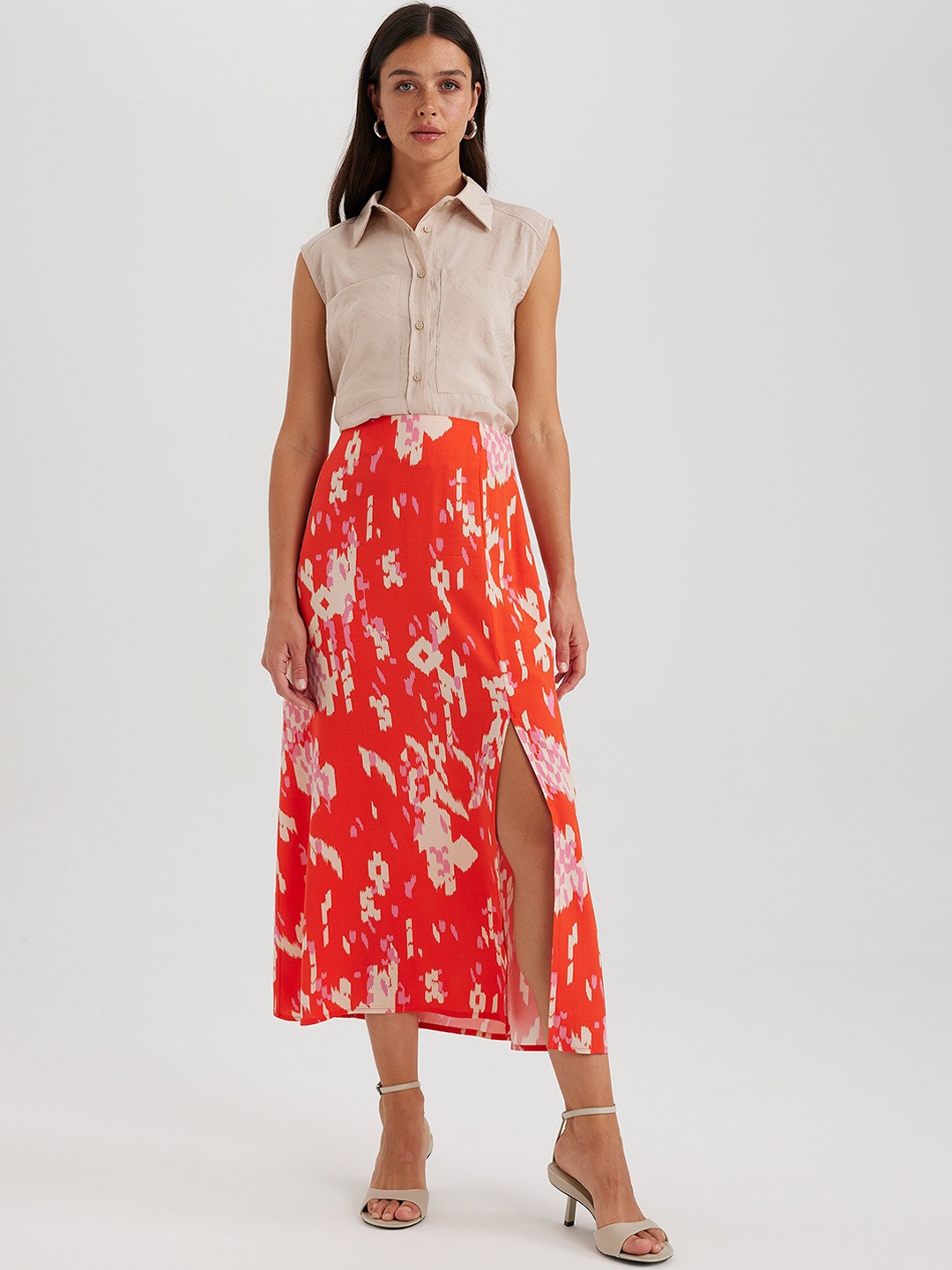 

DeFacto Floral Printed A-Line Midi Skirt With Slit, Red