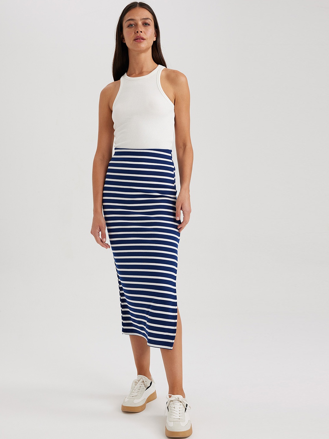 

DeFacto Striped Midi Pencil Skirt With Side Slit, Navy blue