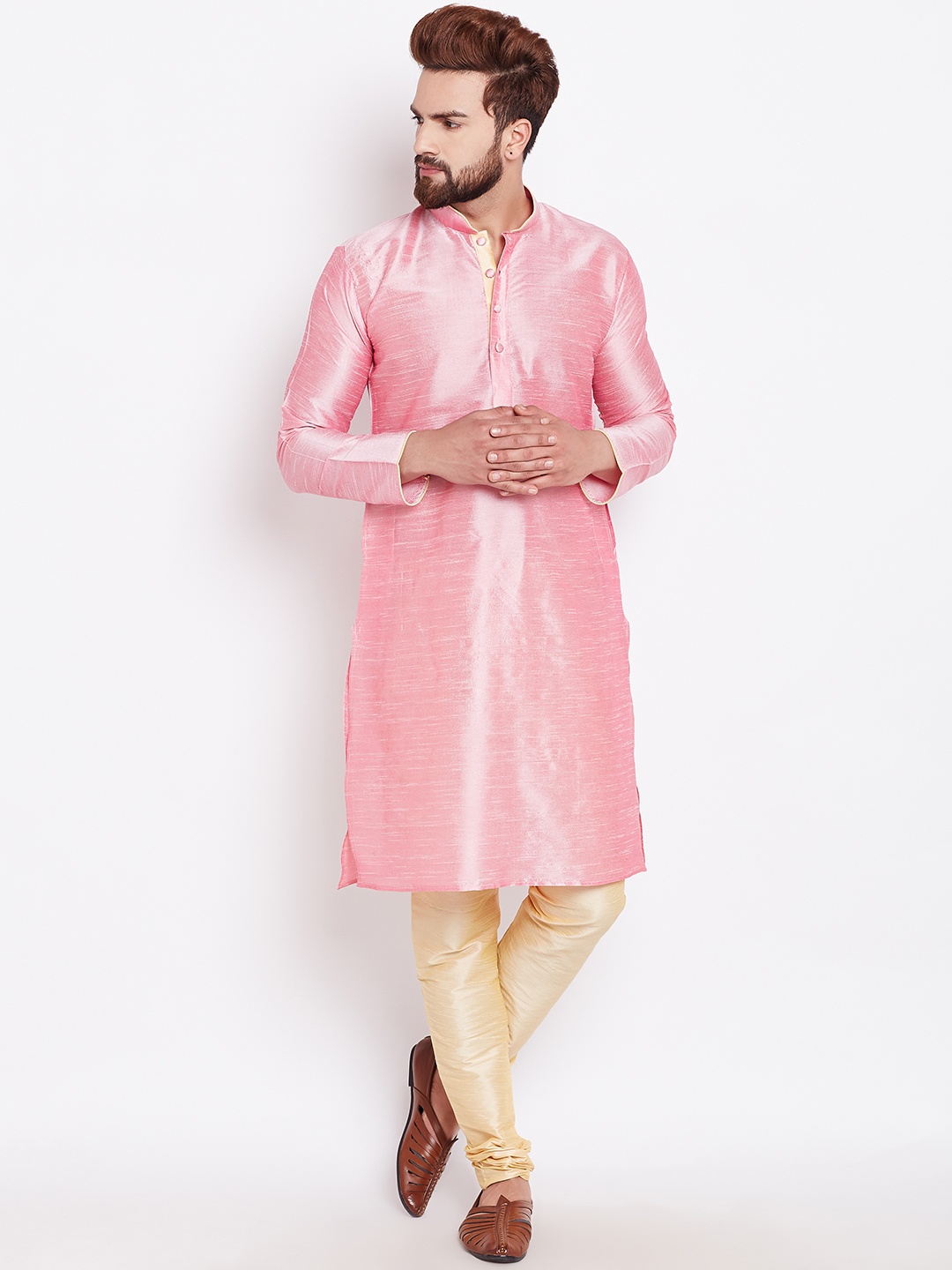 

Sojanya Men Pink & Gold-Toned Solid Kurta With Churidar