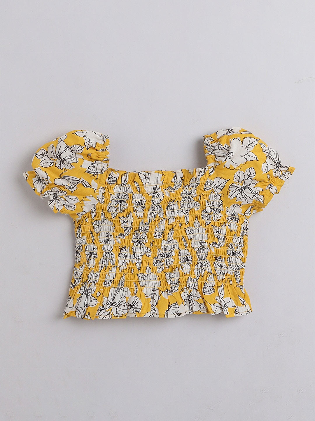 

taffykids Girls Floral Printed Puff Sleeve Smocked Top, Yellow