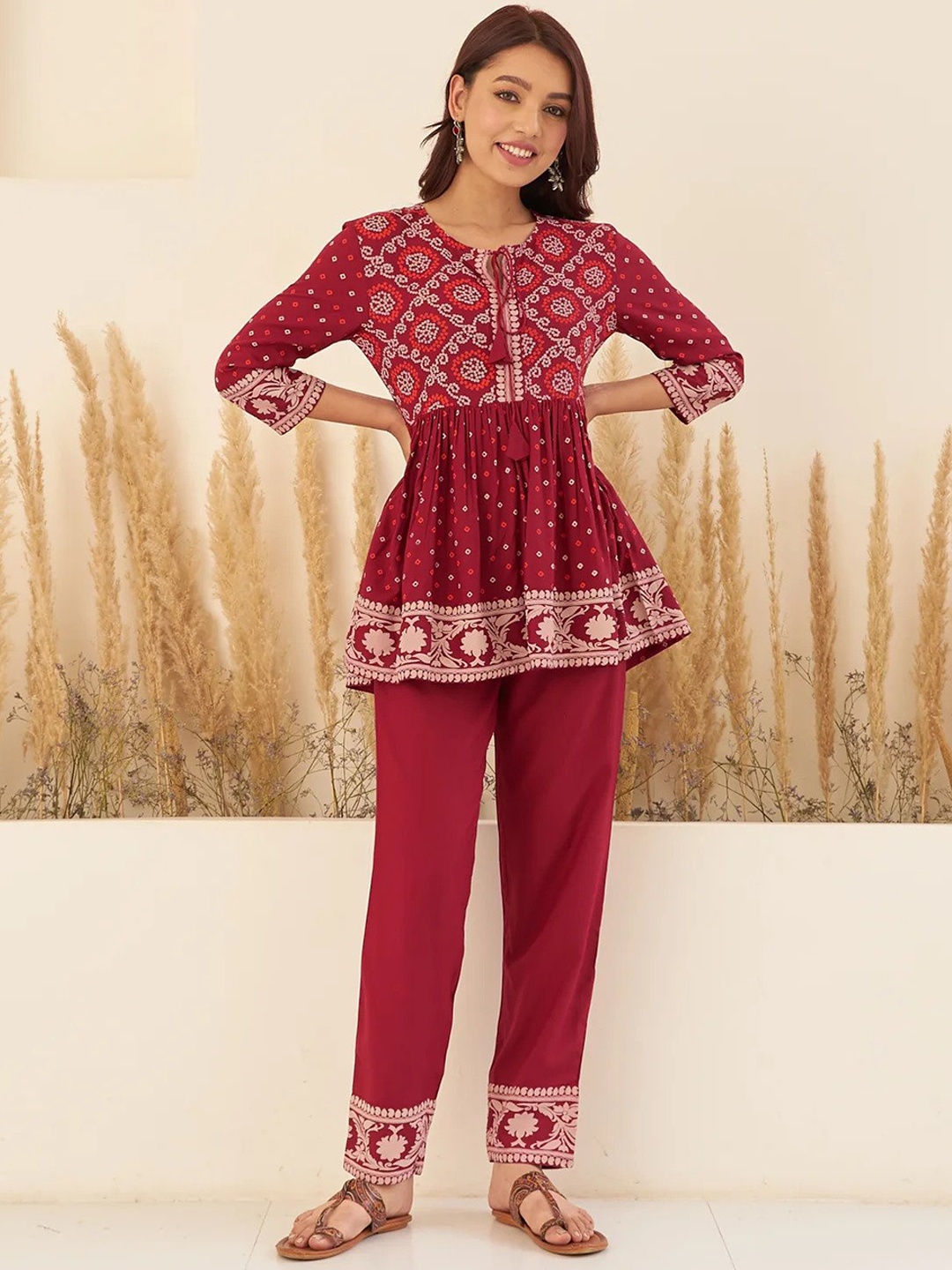 

KALINI Bandhani Printed Tie Up Neck Empire Top with Trousers, Maroon