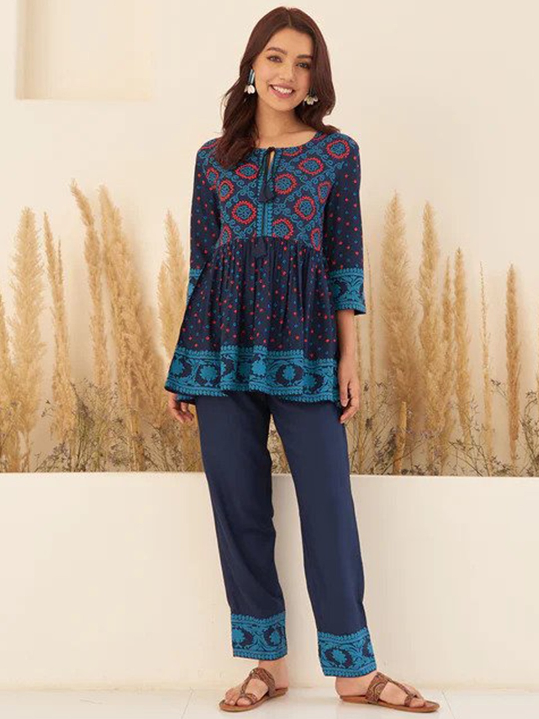 

KALINI Women Blue Bandhani Printed Regular Top with Trousers