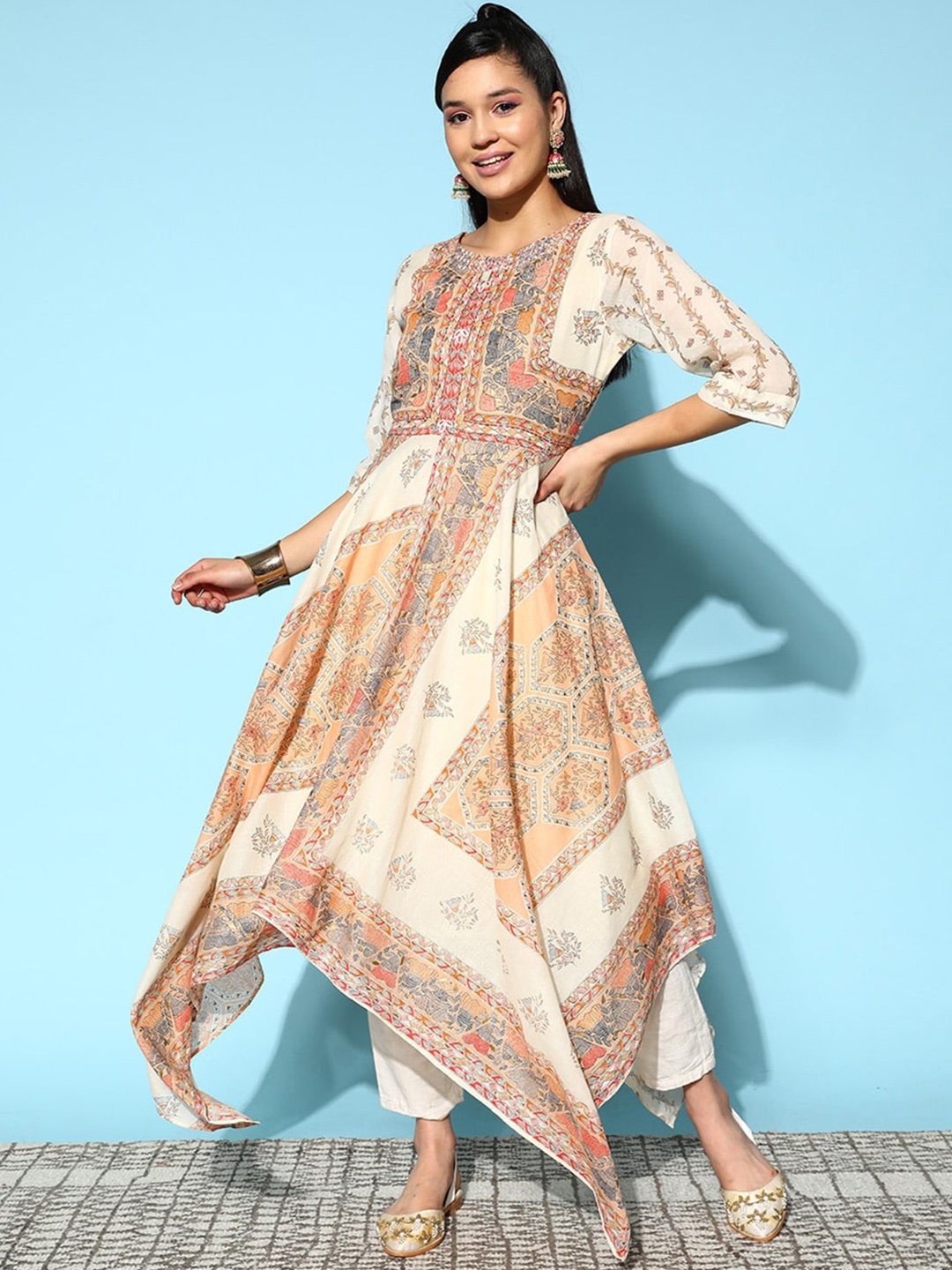

ODETTE Floral Printed Anarkali Kurta, Cream