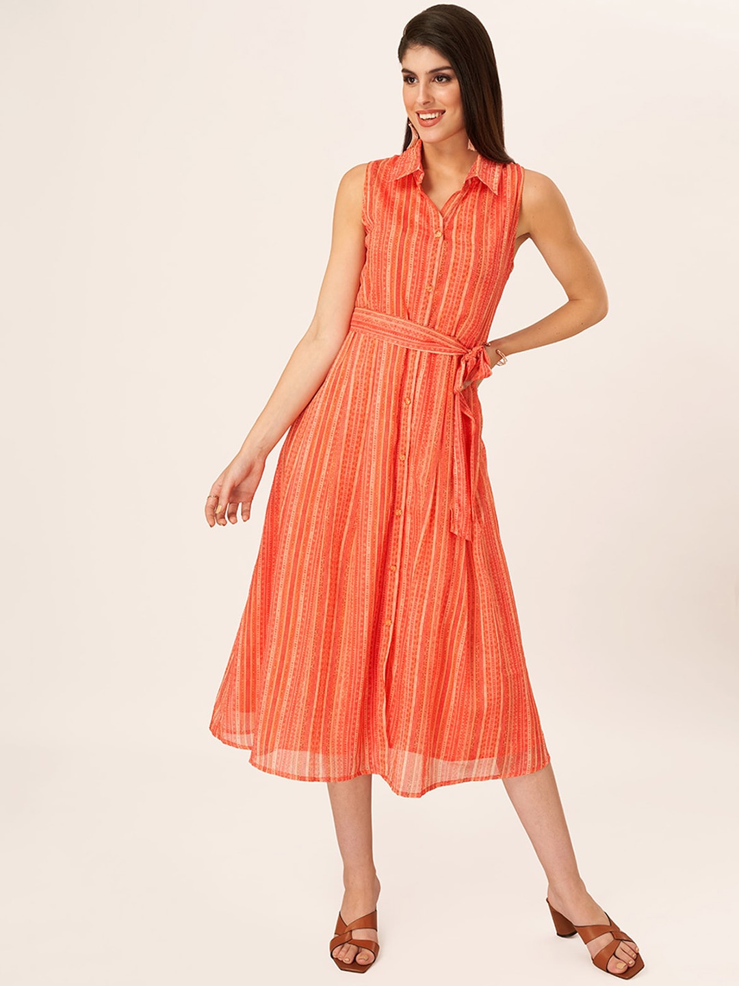 

ODETTE Striped Shirt Style Midi Dress, Orange