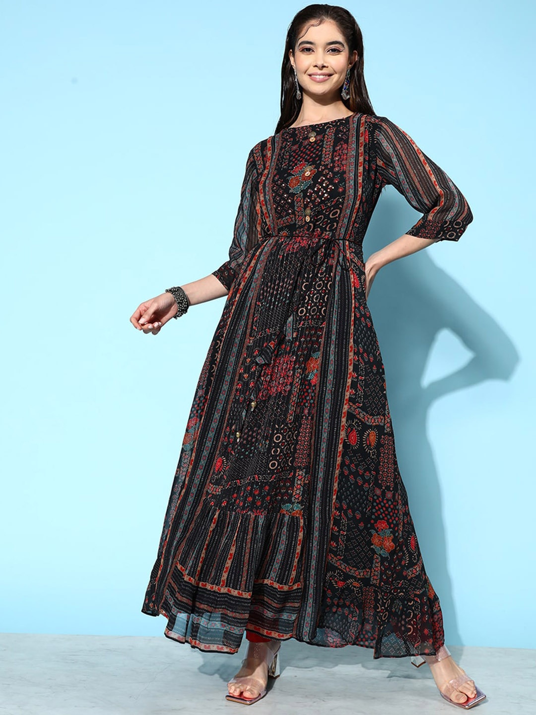 

ODETTE Ethnic Printed Anarkali Kurta, Black