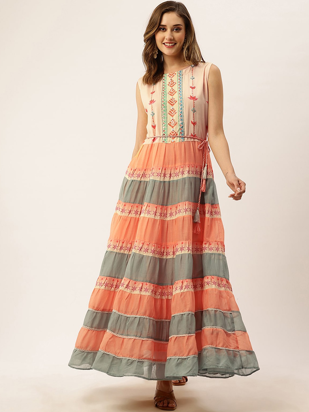 

ODETTE Ethnic Motifs Printed Thread Work Cotton Anarkali Kurta, Peach