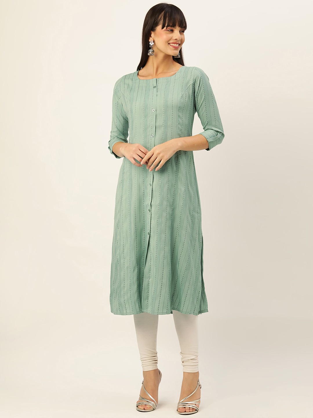 

ODETTE Woven Design Straight Kurta, Green