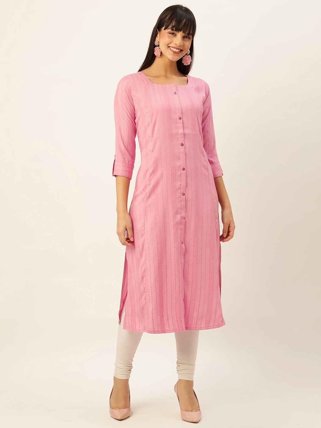 

ODETTE Striped Woven Design Kurta, Pink