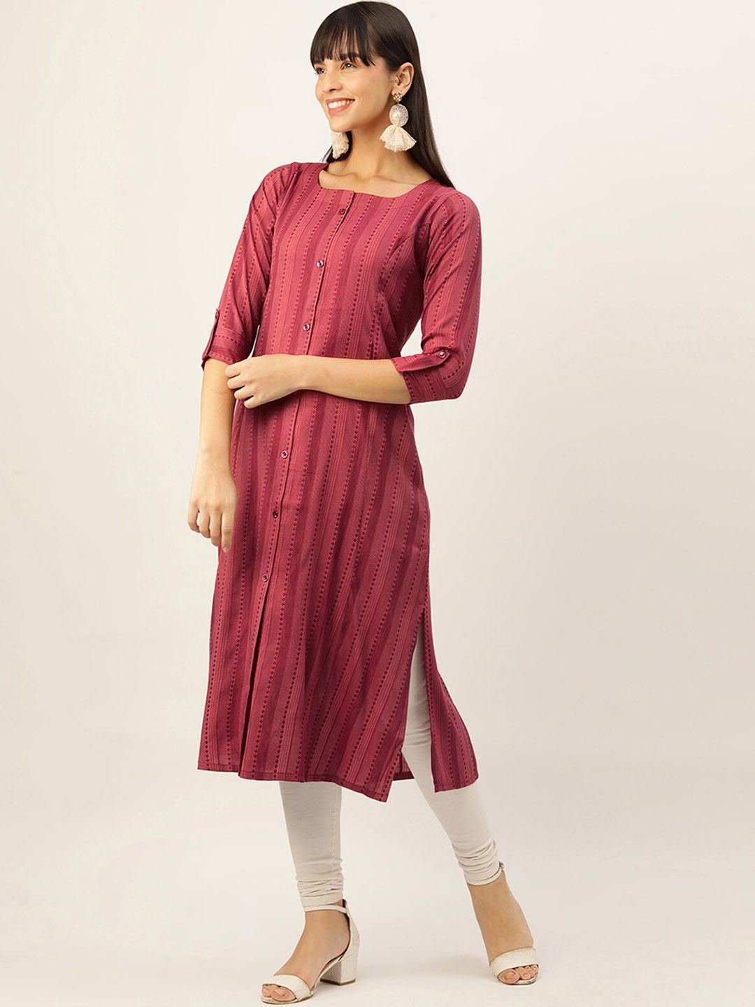 

ODETTE Striped Woven Design Straight Kurta, Magenta