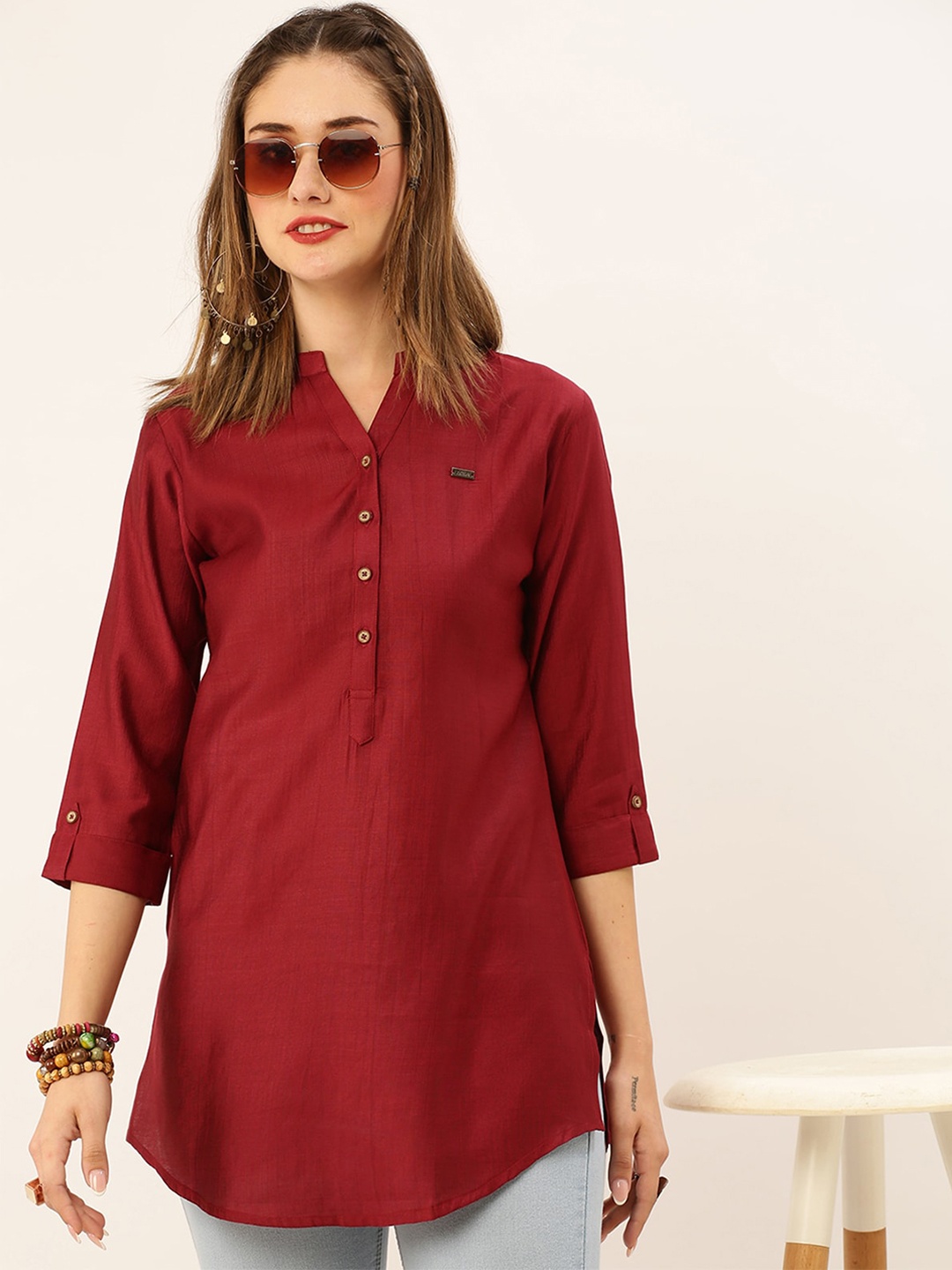 

ODETTE Mandarin Collar A-line Tunic, Maroon