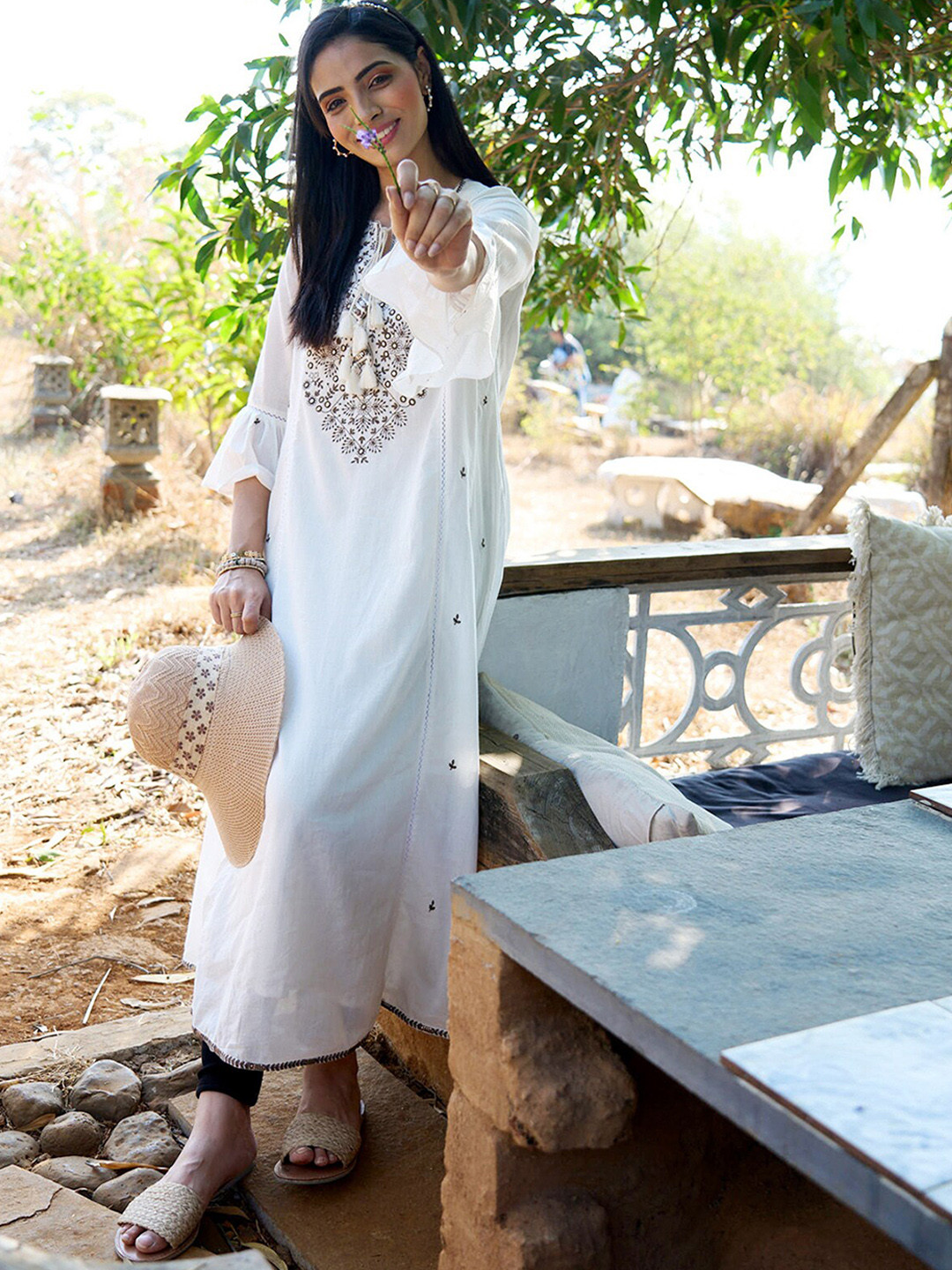 

ODETTE Floral Embroidered Mirror Work A-Line Pure Cotton Kurta, White