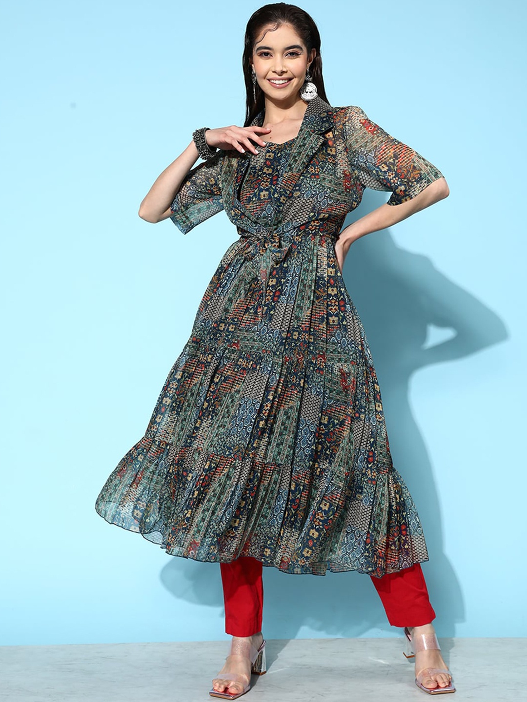 

ODETTE Ethnic Motifs Printed Shoulder Strapped Tiered Chiffon Anarkali Kurta With A Jacket, Grey