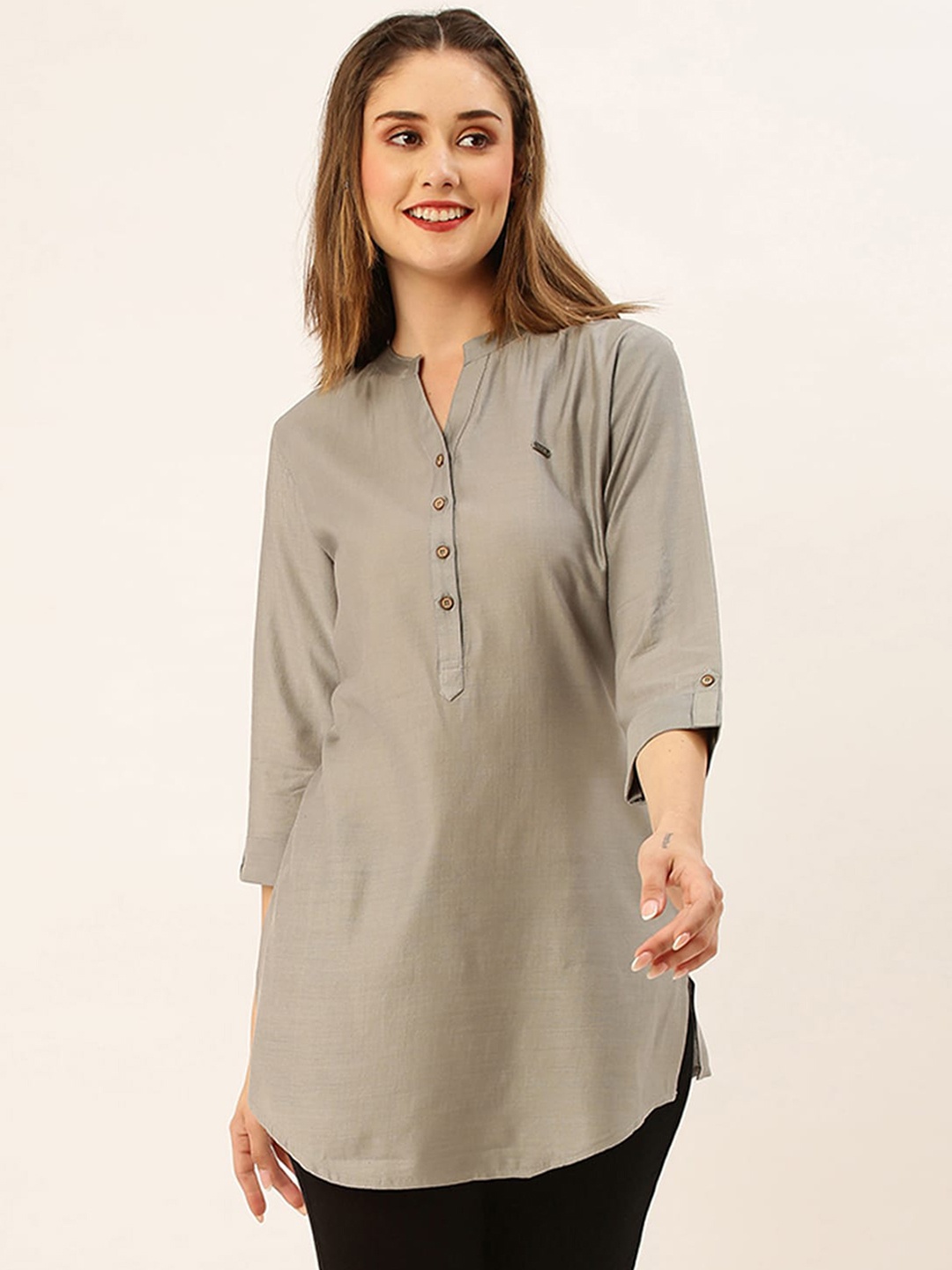 

ODETTE Mandarin Collar Roll-Up Sleeves A-Line Kurta, Grey