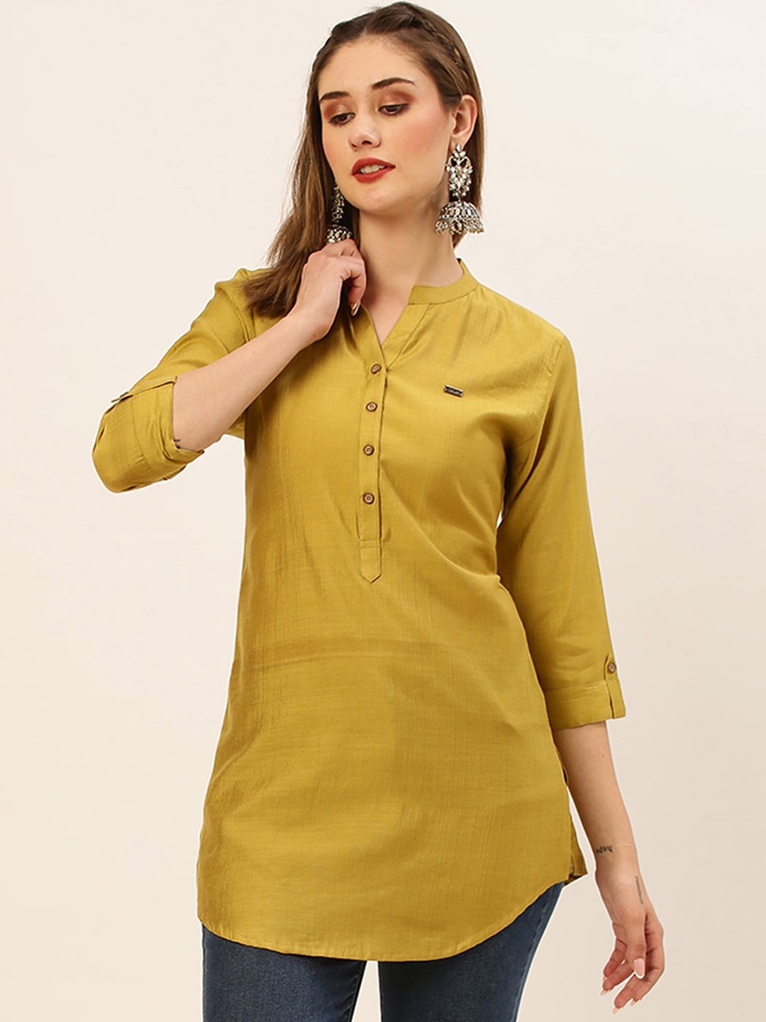 

ODETTE Mandarin Collar A-Line Kurti, Green