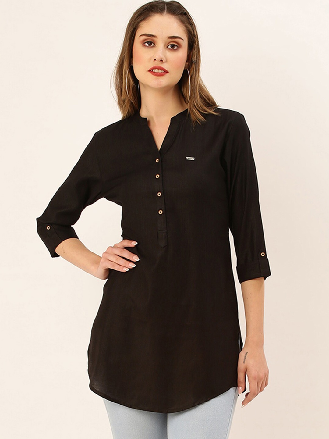 

ODETTE Mandarin Collar Roll-Up Sleeves Kurta, Black