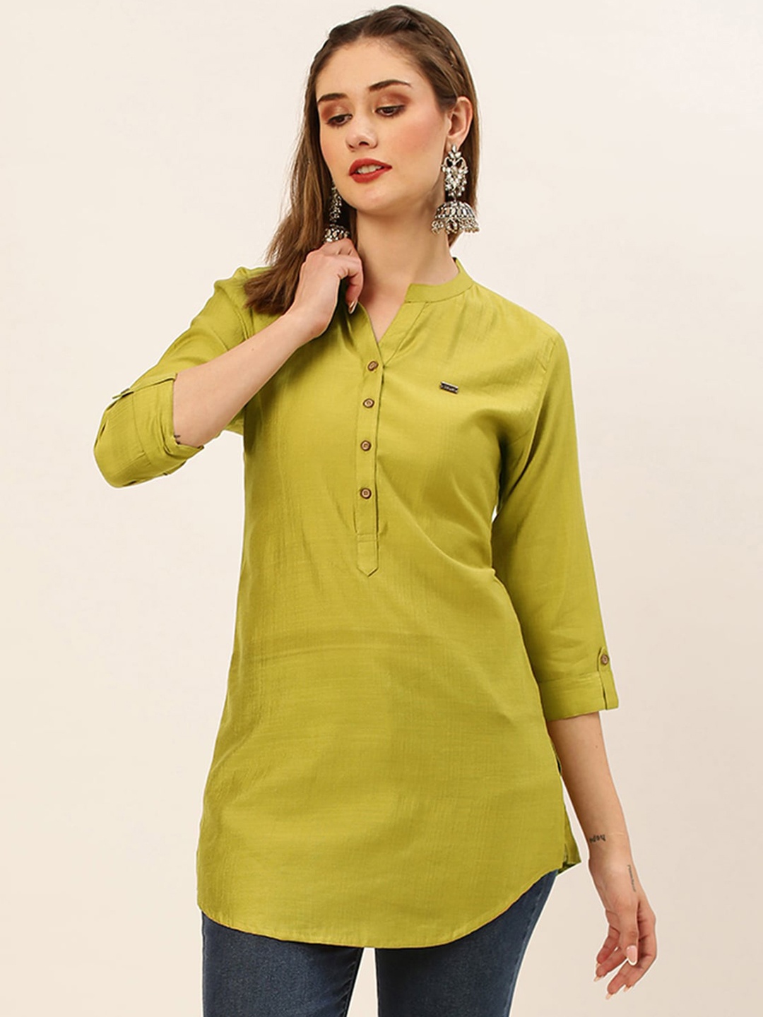 

ODETTE Mandarin Collar Straight Kurti, Mustard
