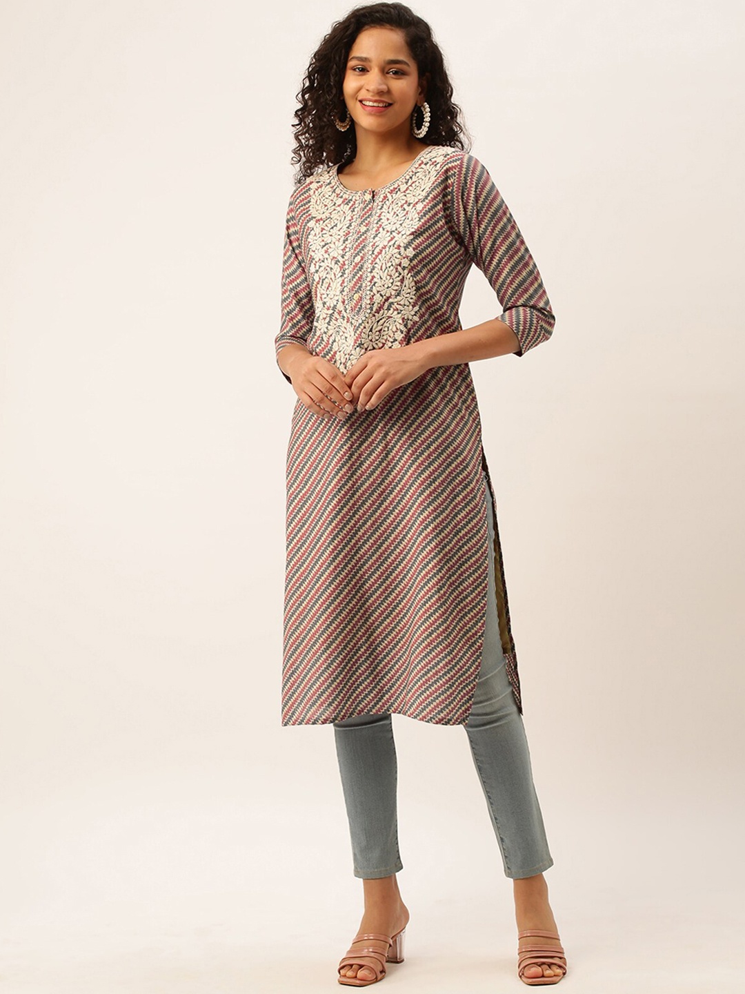 

ODETTE Striped Thread Work Regular Kurta, Red