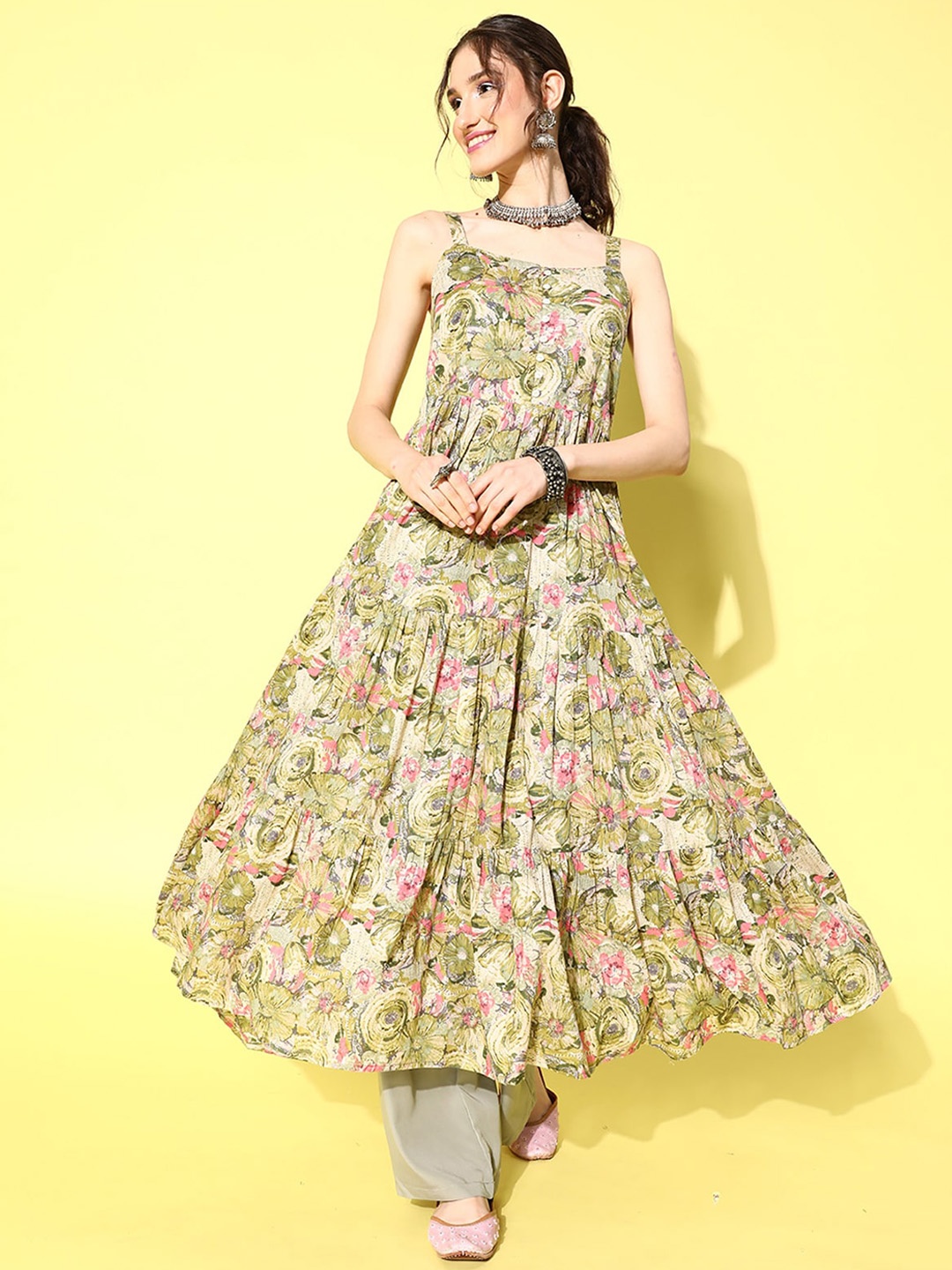 

ODETTE Floral Printed Tiered Anarkali Kurta, Green