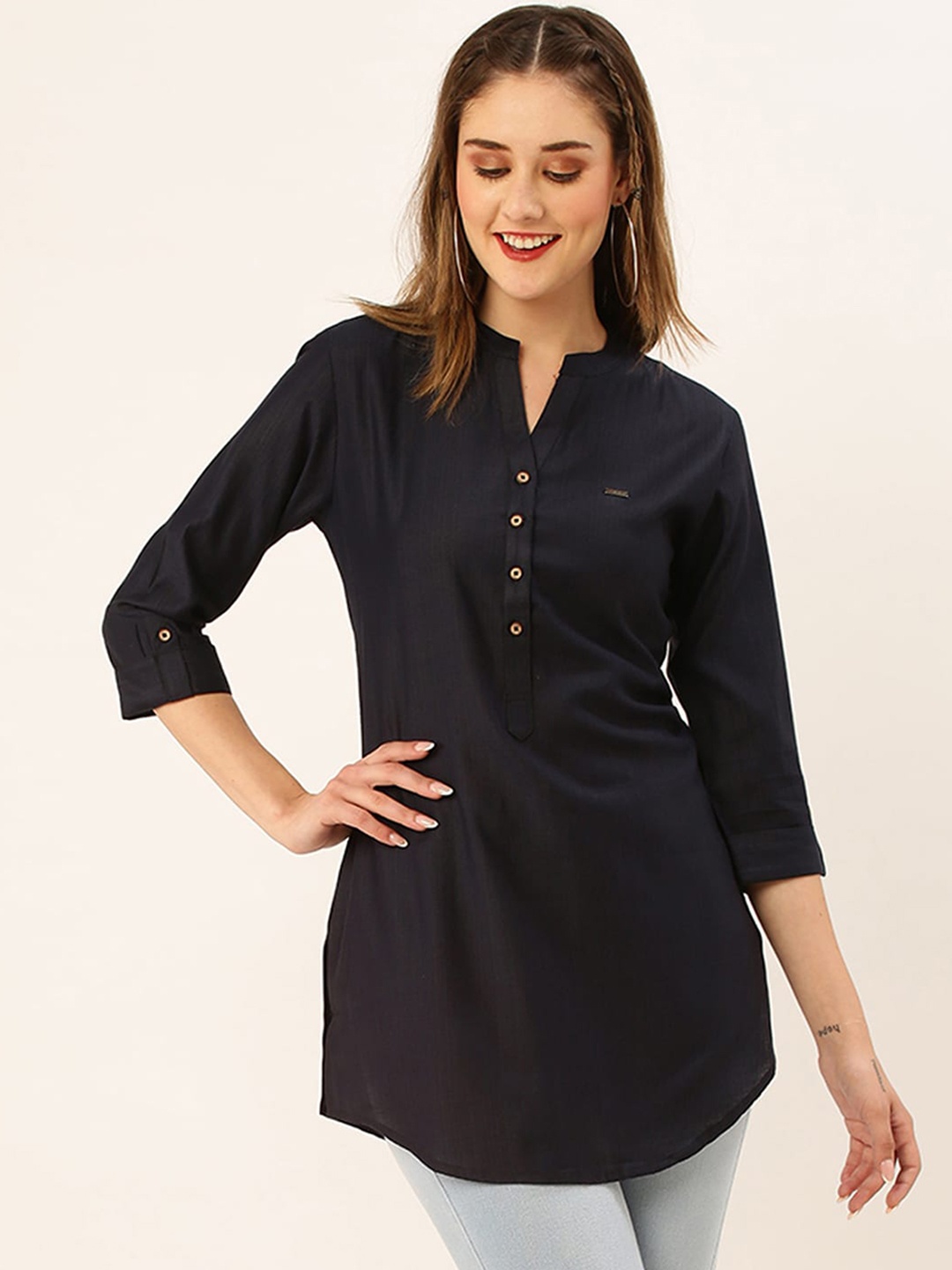 

ODETTE Mandarin Collar Roll-Up Sleeves Tunic, Black