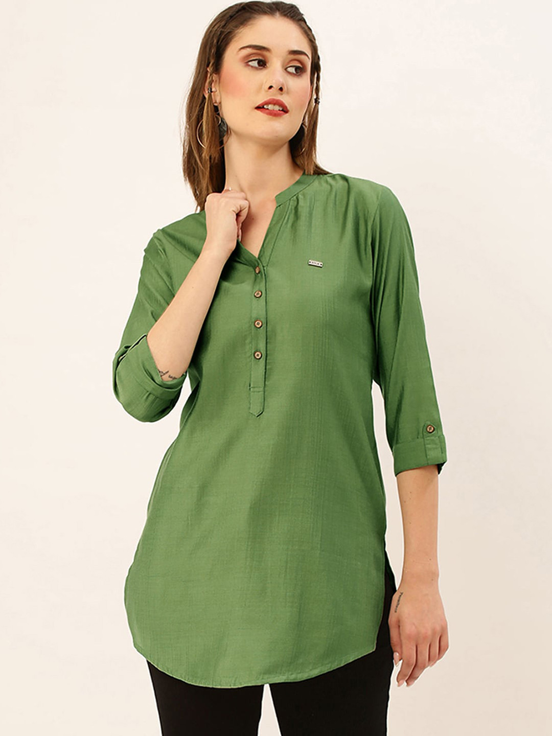 

ODETTE Band Collar Roll-Up Sleeves Tunics, Olive