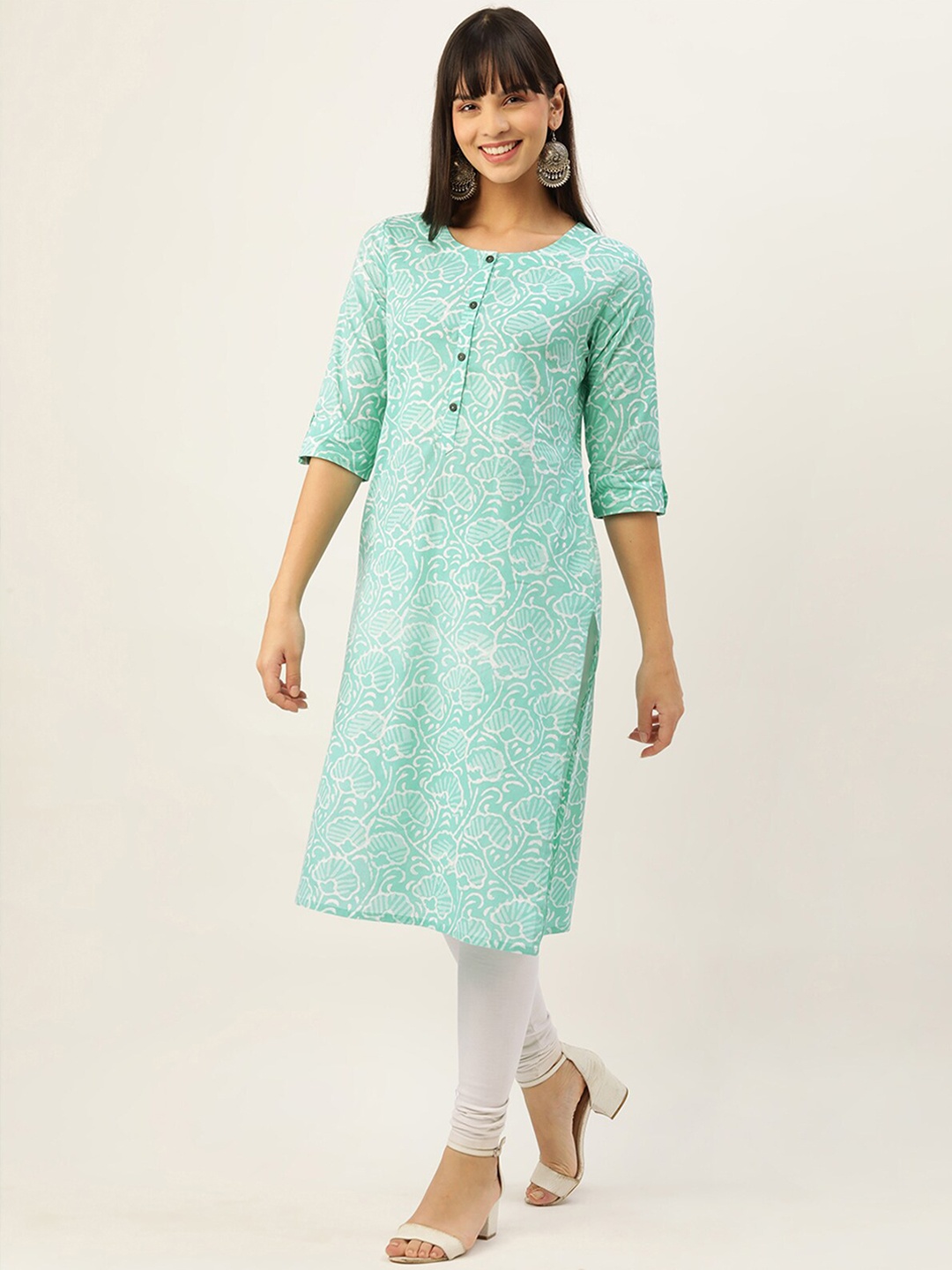 

ODETTE Ethnic Motifs Printed Straight Cotton Kurta, Sea green