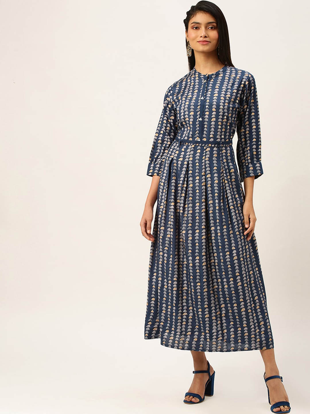 

ODETTE Geometric Printed A-Line Ethnic Dress, Navy blue