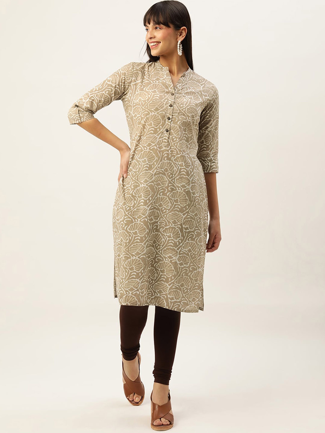 

ODETTE Ethnic Motifs Printed Mandarin Collar Cotton Kurta, Beige