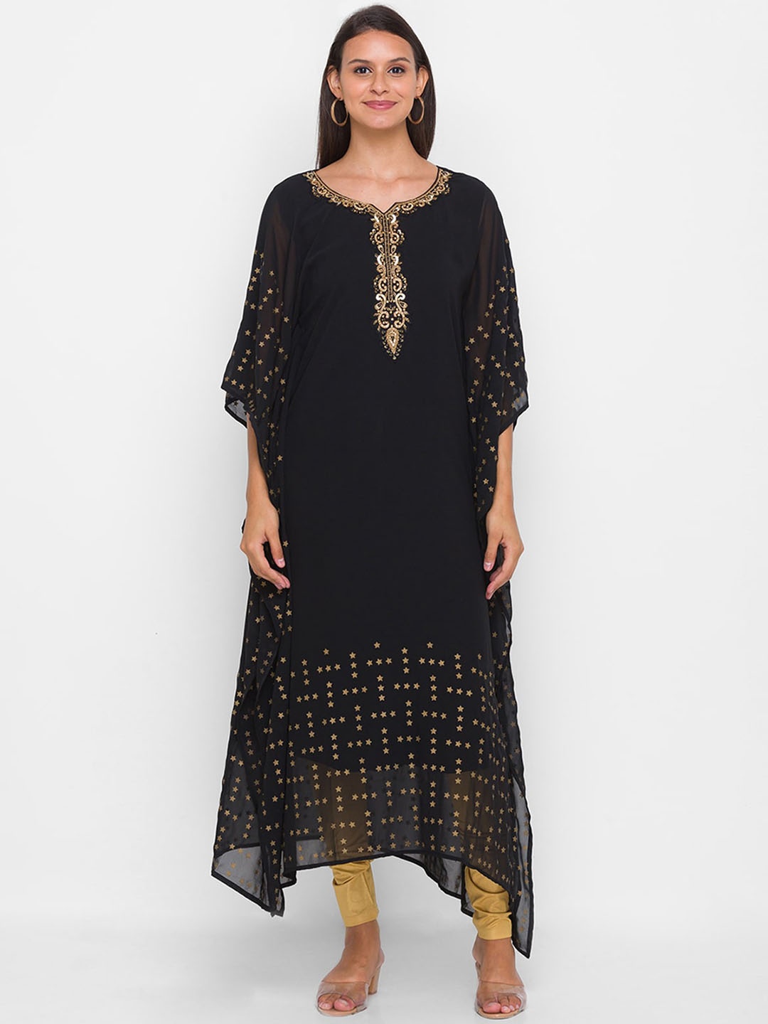 

ODETTE Printed Beads & Stones Kaftan Georgette Kurta, Black