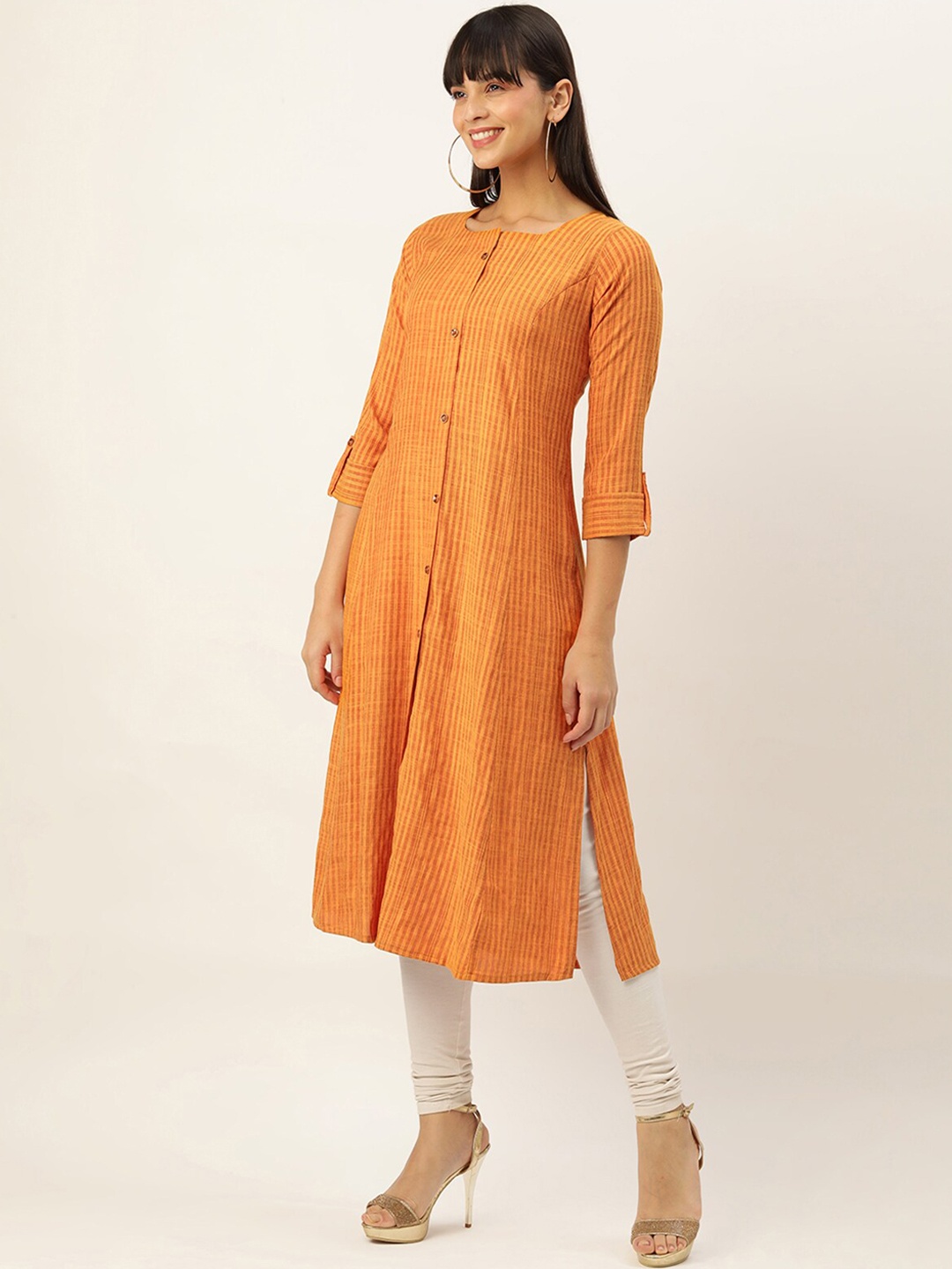 

ODETTE Striped Roll-Up Sleeves A-Line Kurta, Orange