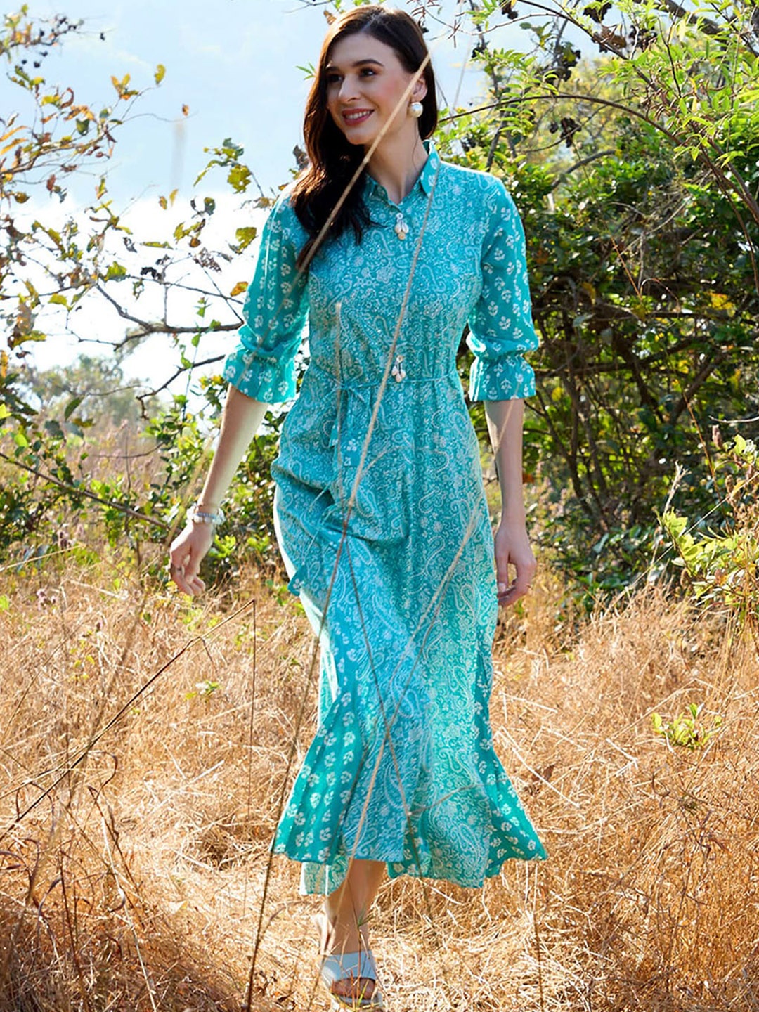 

ODETTE Paisley Printed Cotton Fit & Flare Midi Dress, Blue