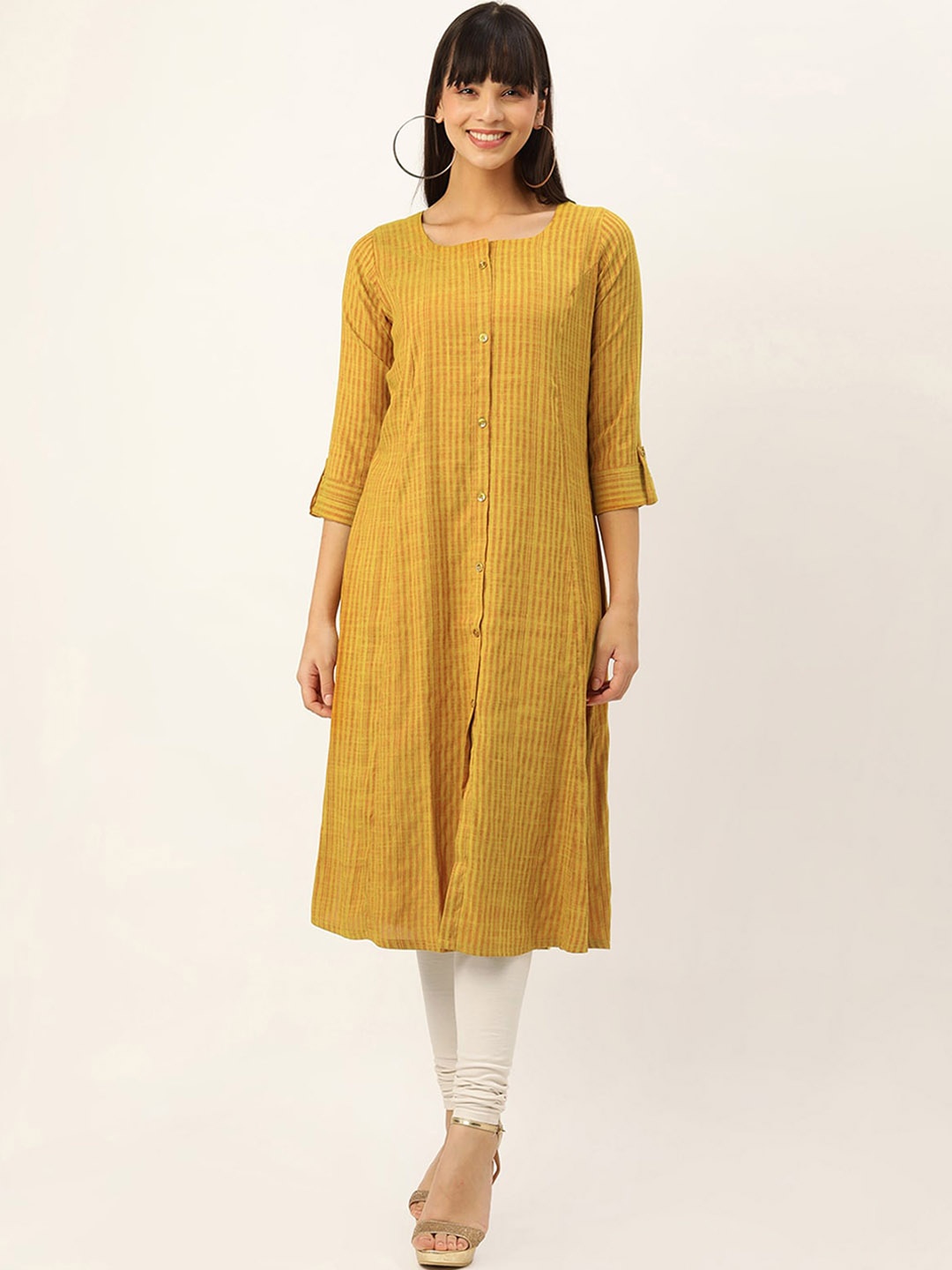 

ODETTE Striped A-Line Kurta, Mustard